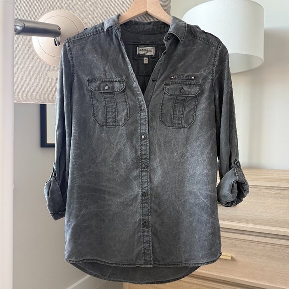 Express Washed Black / Gray Lyocell Utility Boyfriend Shirt - Picture 1 of 6